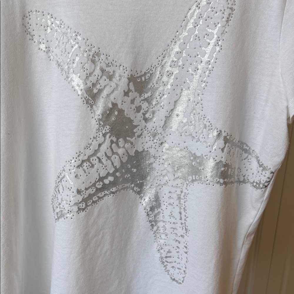 Chico’s White Sequin Starfish Short Sleeve Tee -  Womens